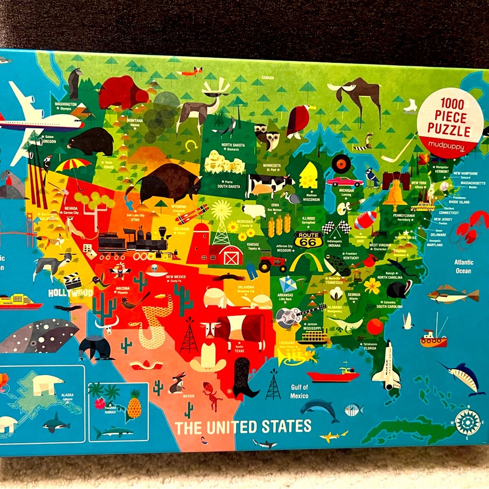 1000 piece US map puzzle by Mudpuppy.  Condition: excellent
Educational fun